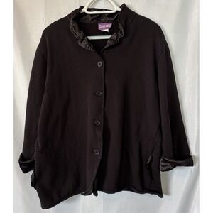 Suzanne Somers Black Jacket Blazer Blouse Ruffle Satin Accent Pockets Button M